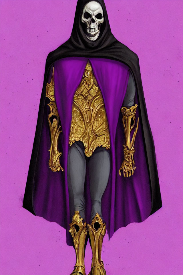 Skeletal figure in purple cloak with gold armor on pink background