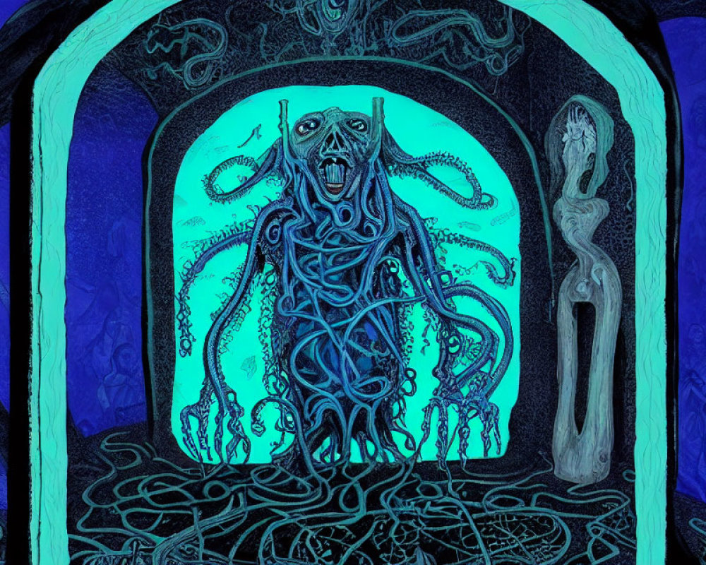 Surreal blue-toned image of creature with tentacles in arched doorway