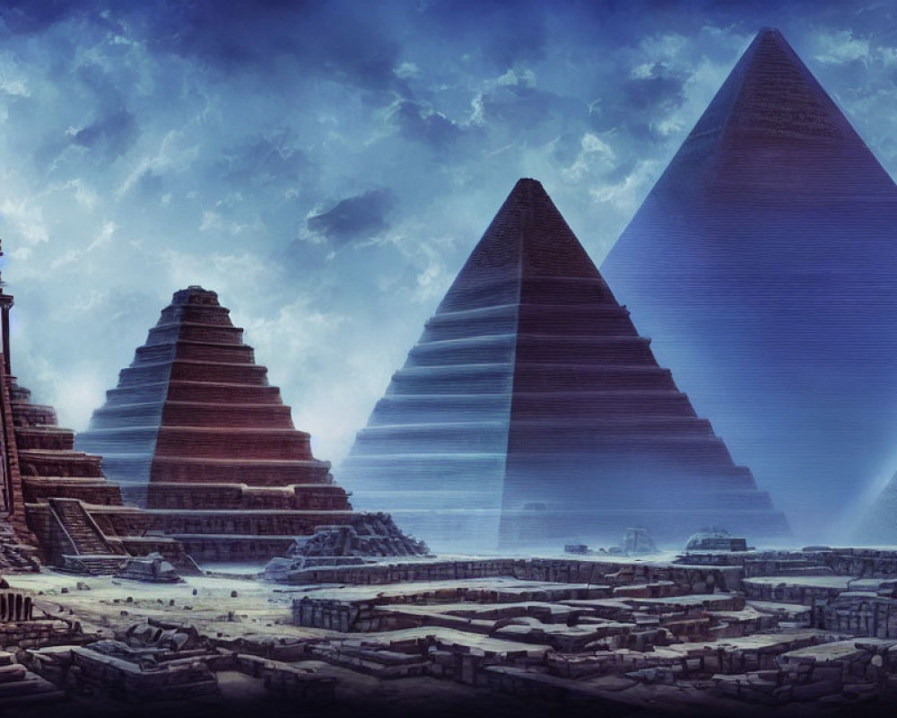 Digital Artwork: Ancient Civilization with Stylized Pyramids and Dramatic Sky