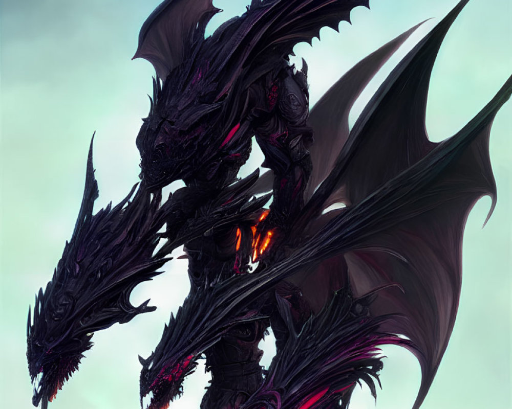 Two-headed dragon with black and purple scales in misty mountain setting