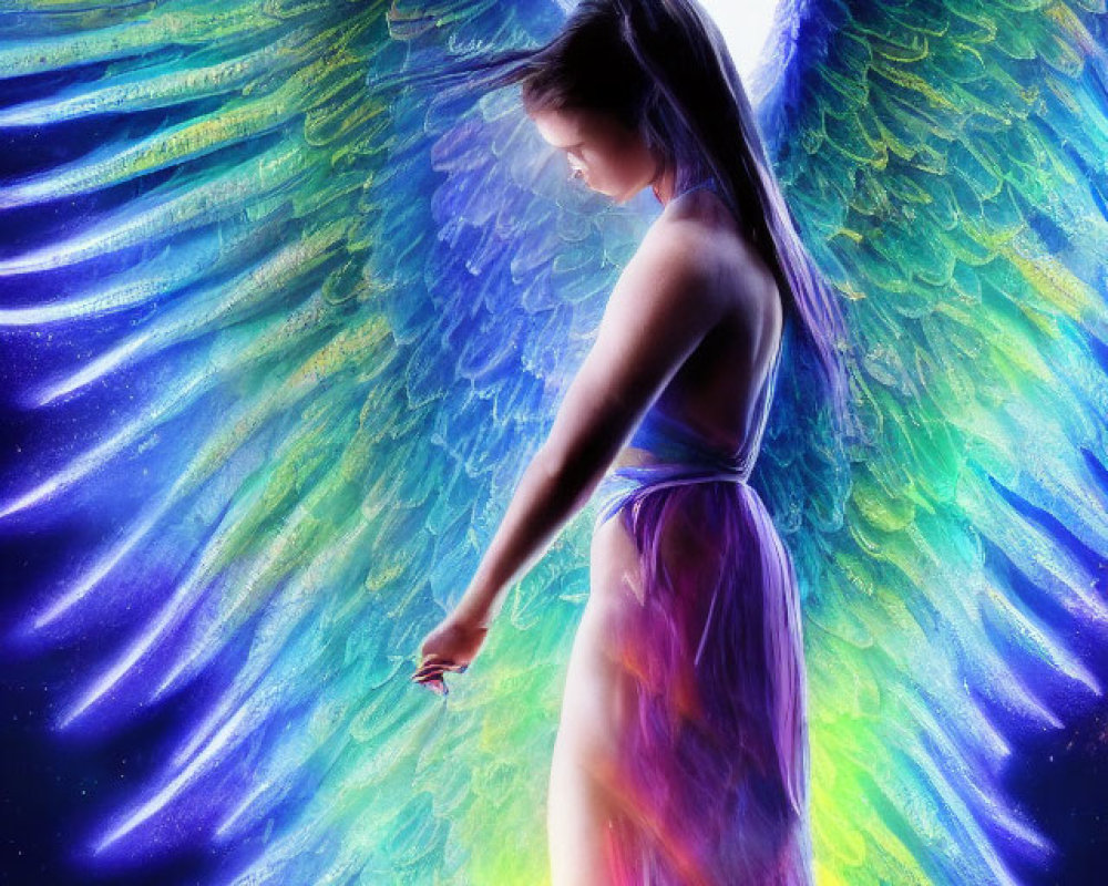 Multicolored winged woman in cosmic backdrop with ethereal gown.