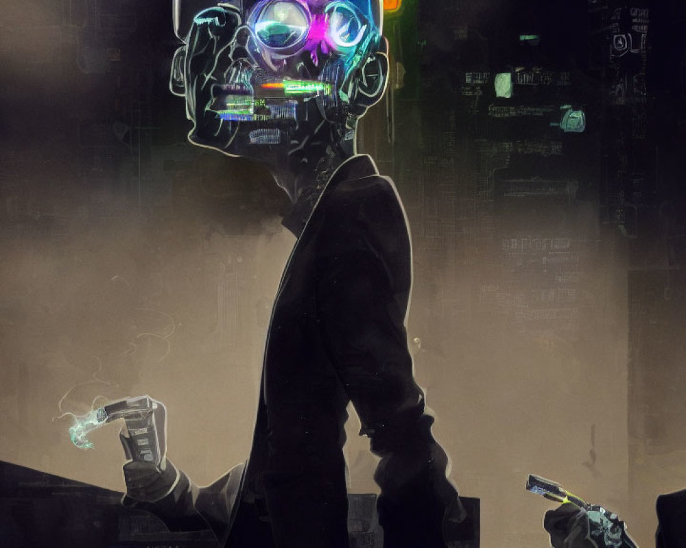Digital artwork: Person with cybernetic head, neon lights, in futuristic cityscape.