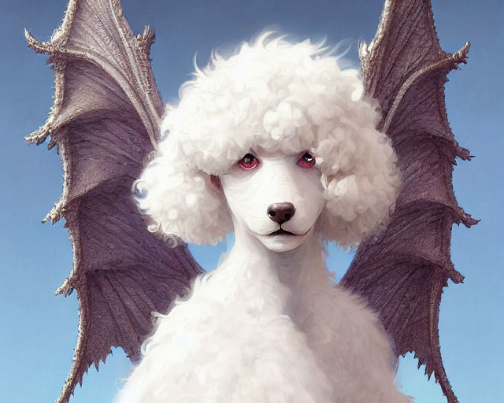 Surreal white poodle with dragon-like wings in pale blue sky