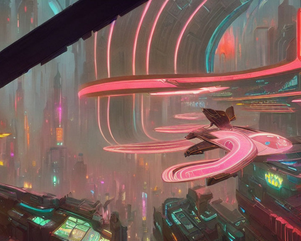 Neon-lit futuristic cityscape with flying vehicles and curving skyscrapers