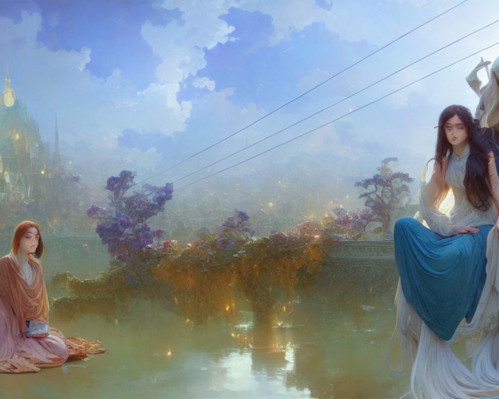 Ethereal women near reflective water with fantasy castle in misty background