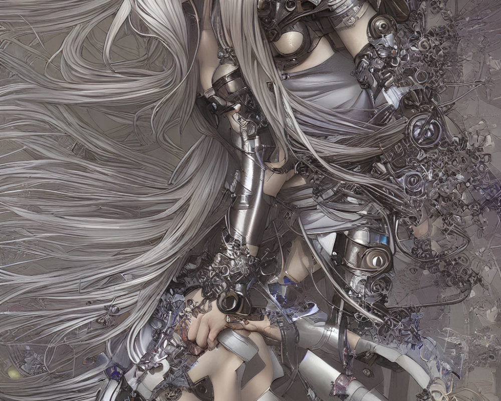 Detailed illustration of female figure with long silver hair and intricate mechanical limbs