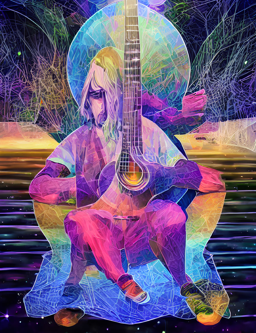 Colorful illustration of person with guitar in neon backdrop.