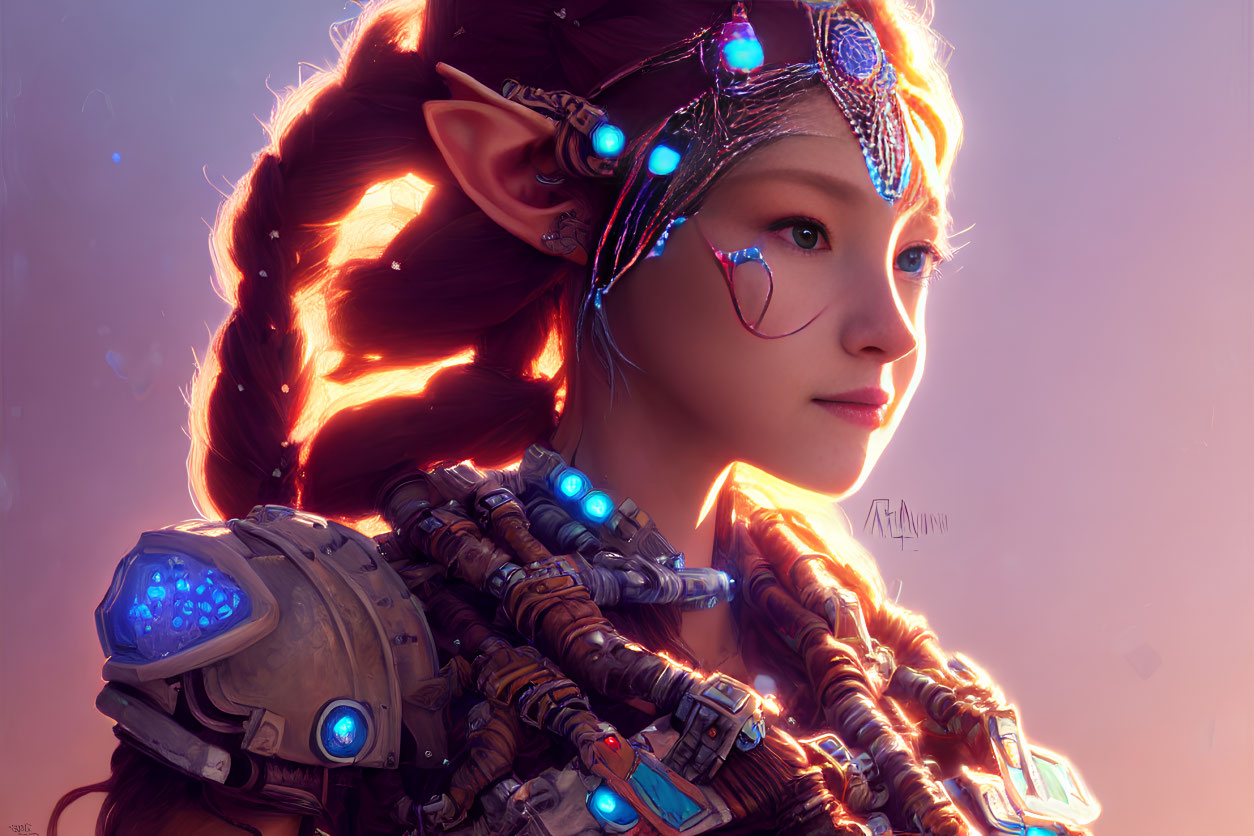 Elf in futuristic armor with braided hairstyle & glowing face.