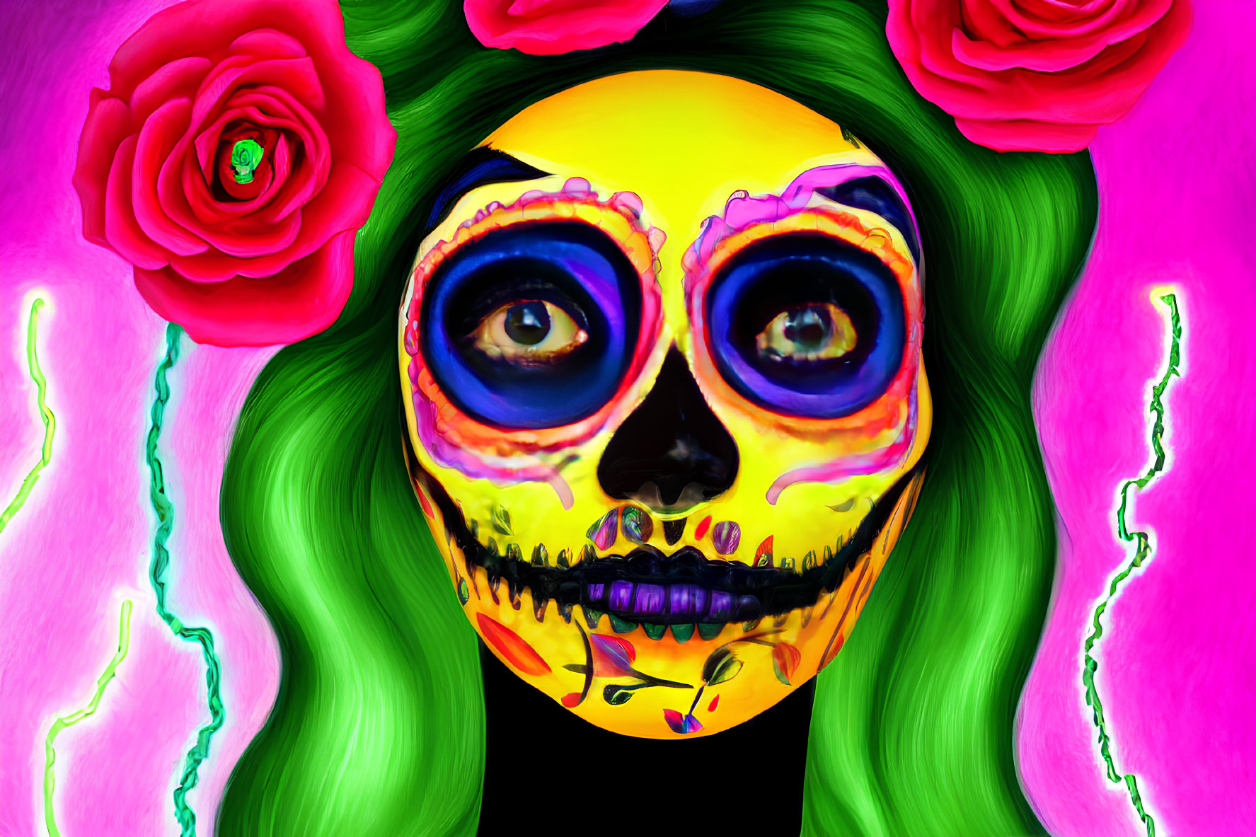 Colorful Day of the Dead makeup with skull design and roses on vibrant background