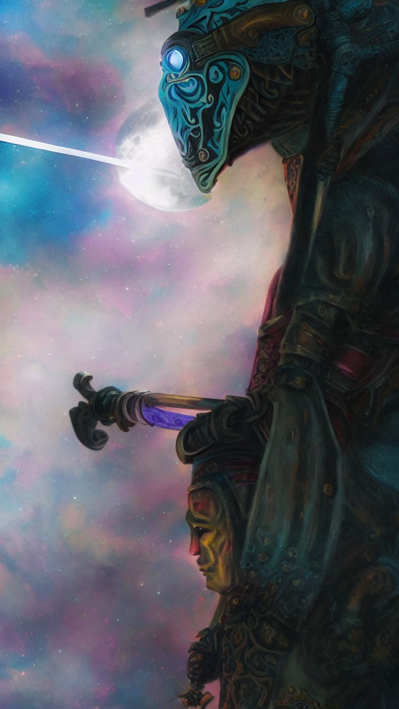 Ornate armored warrior with glowing sword in cosmic setting