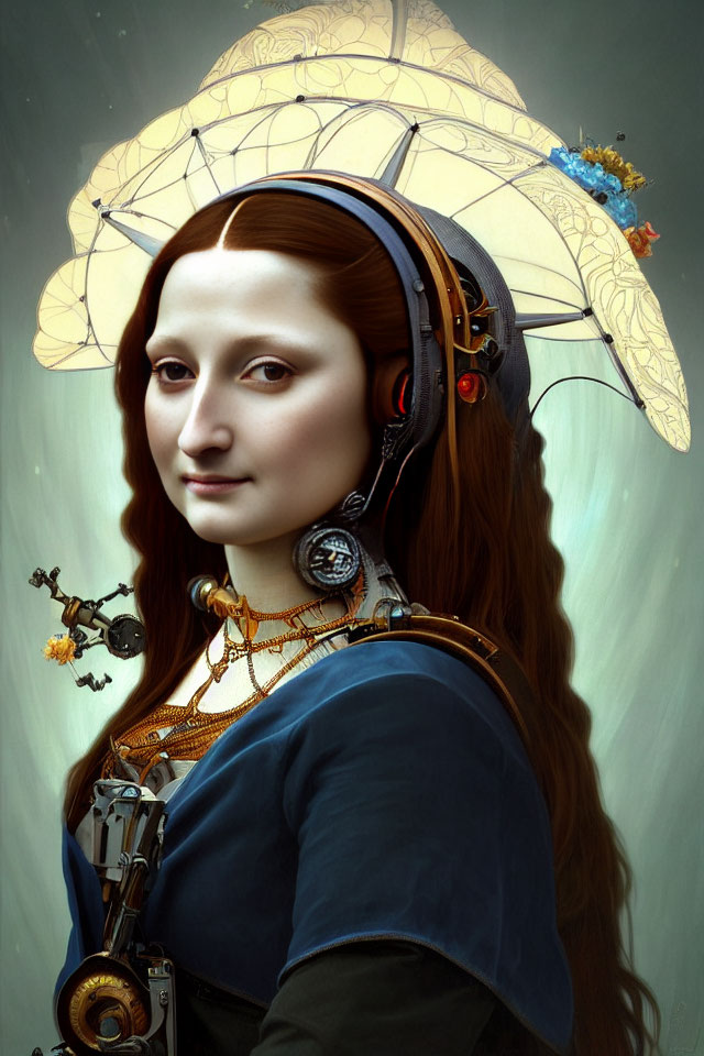 Steampunk-inspired Mona Lisa digital art with mechanical elements
