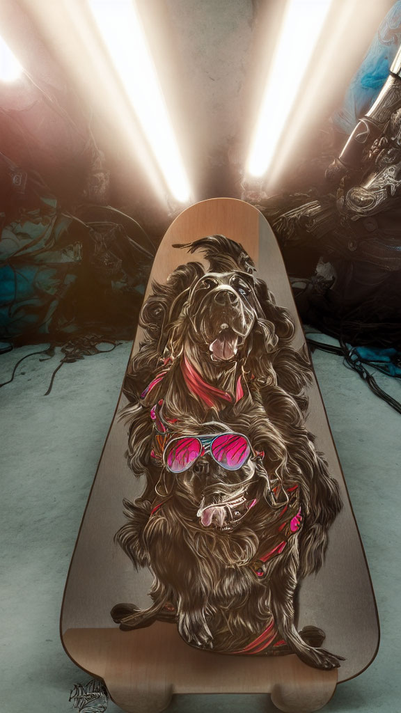 Detailed illustration: Shaggy dog in pink sunglasses and red harness skateboarding under spotlight on graphic background