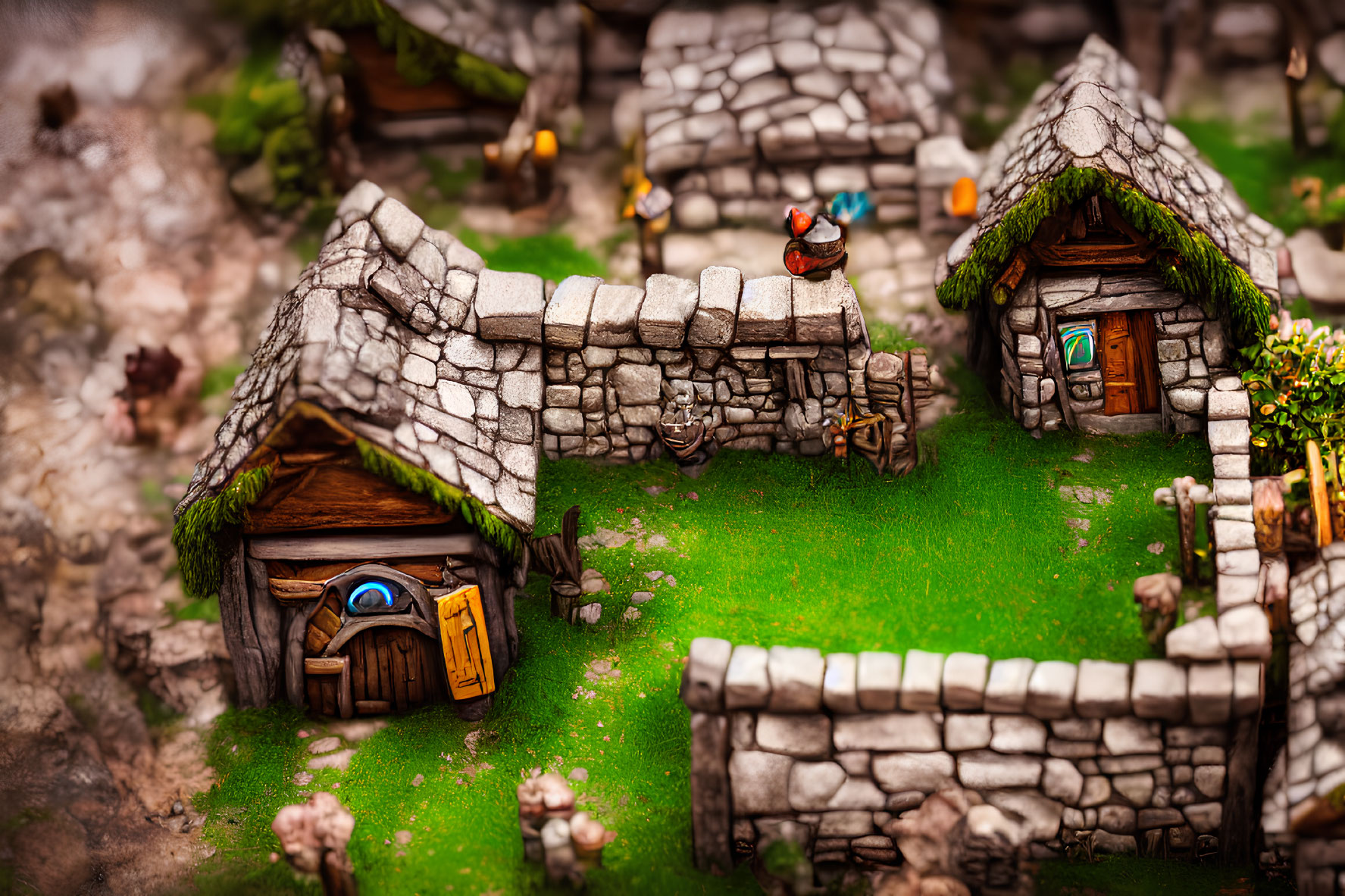 Detailed Stone Houses in Miniature Village Scene with Greenery and Small Figures