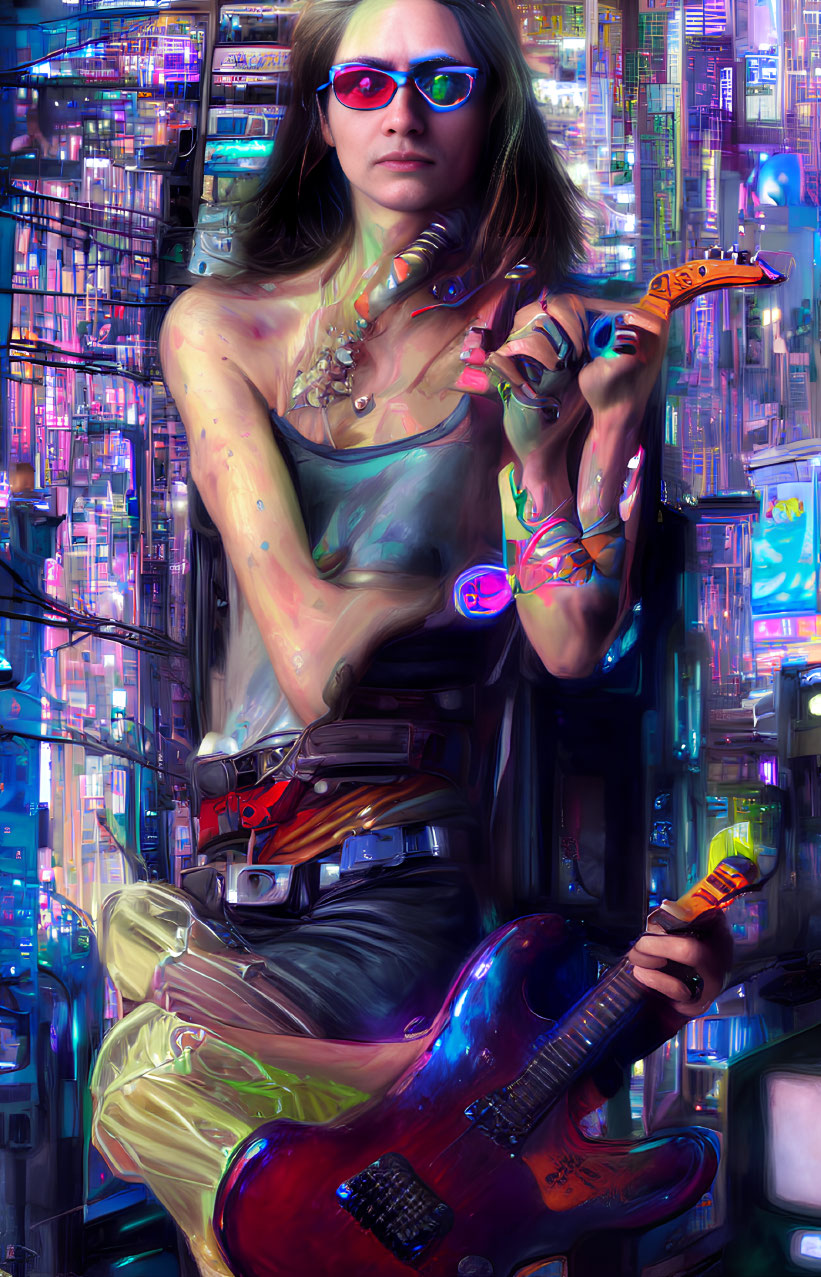 Fashionable individual with sunglasses, orange toy gun, and electric guitar in cyberpunk cityscape.