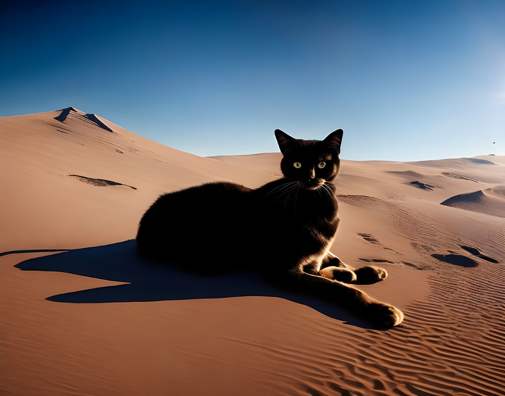 Black Cat Sitting on Sandy Dune under Clear Blue Sky