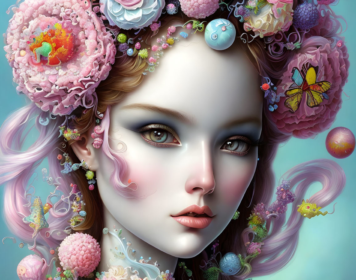 Detailed digital artwork: Female figure with floral elements, pastel colors, butterflies, and beads.