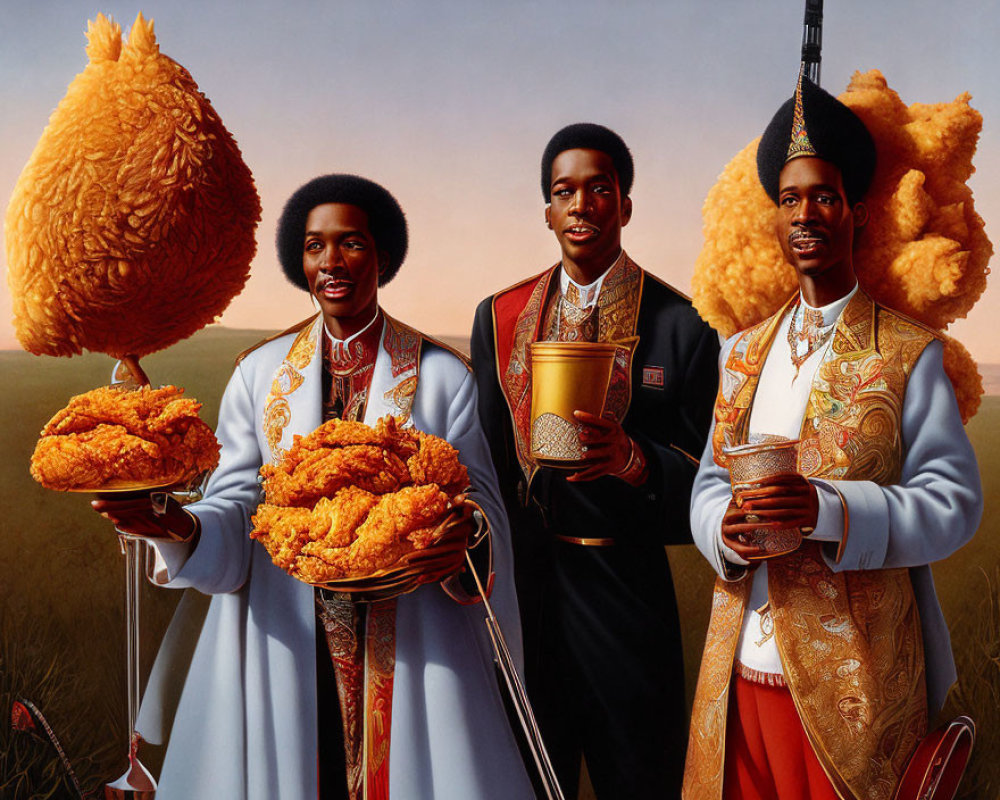 Three People in Regal Attire Holding Platters of Fried Chicken in Golden Field