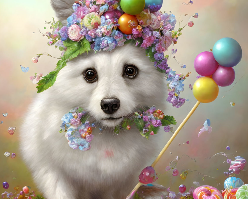 Whimsical white dog with floral crown and Easter eggs in colorful scene