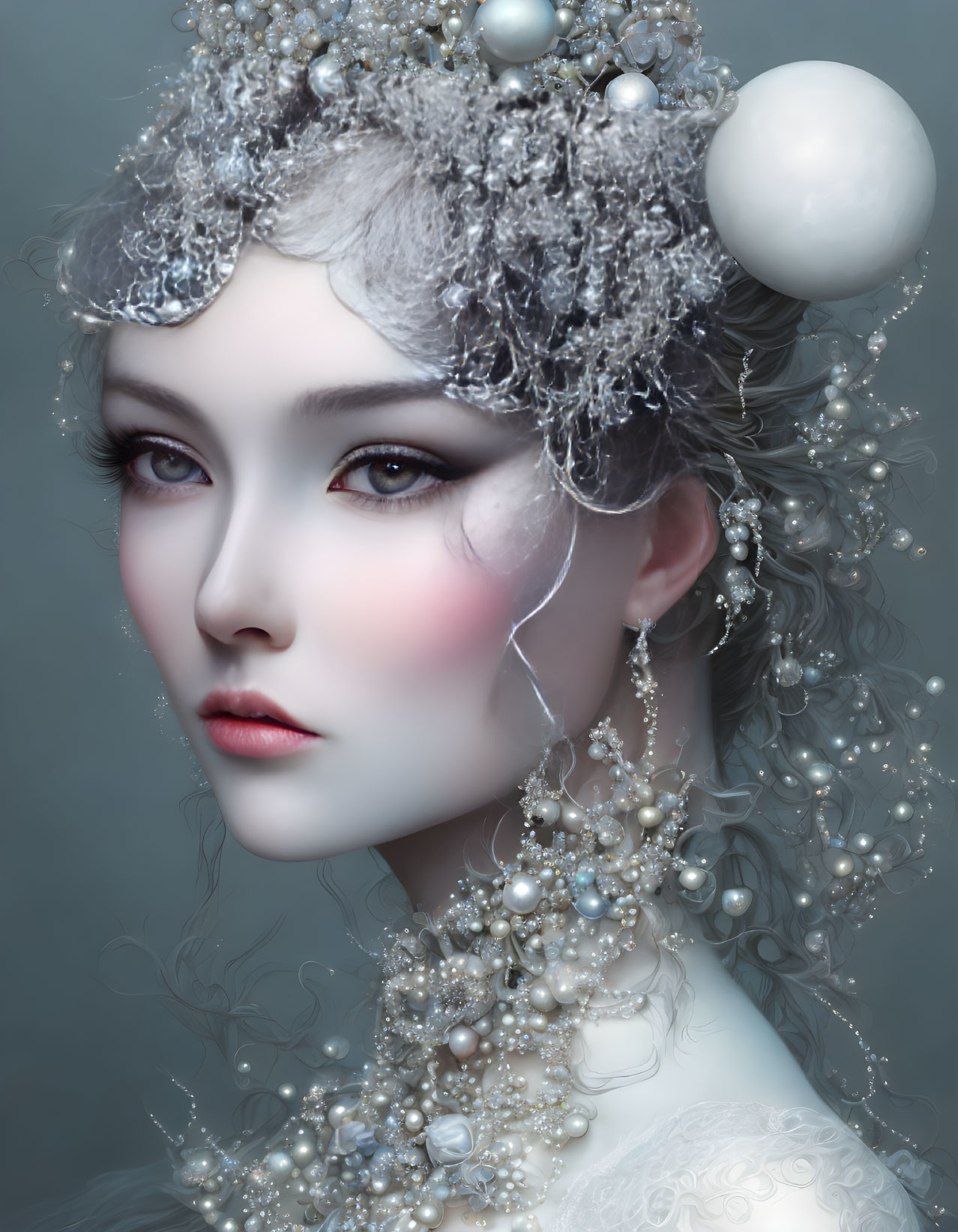 Ethereal makeup and silver headpiece on regal woman portrait