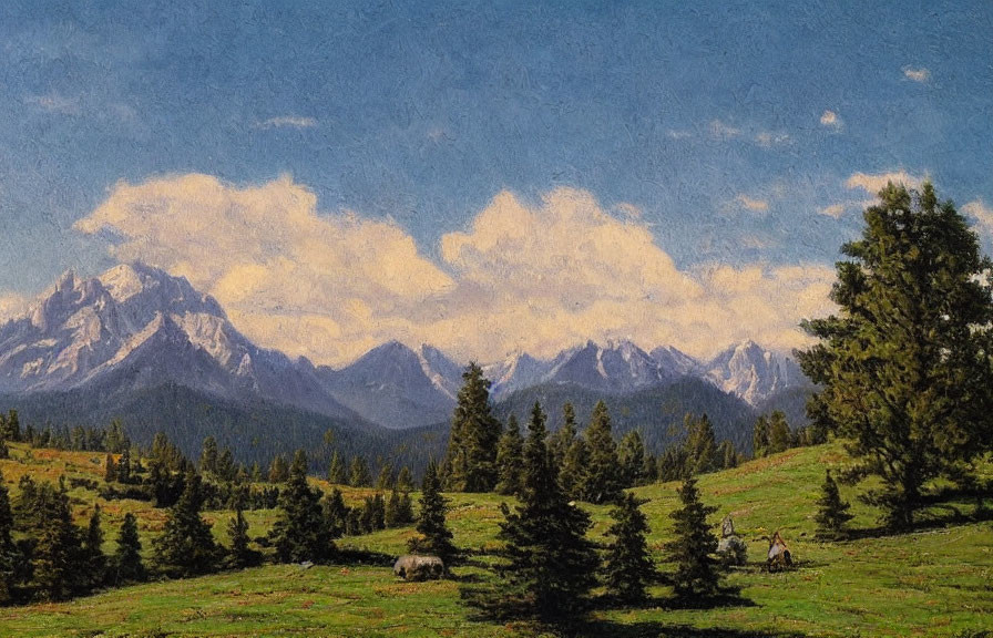 Tranquil meadow with evergreen trees and mountains under blue sky