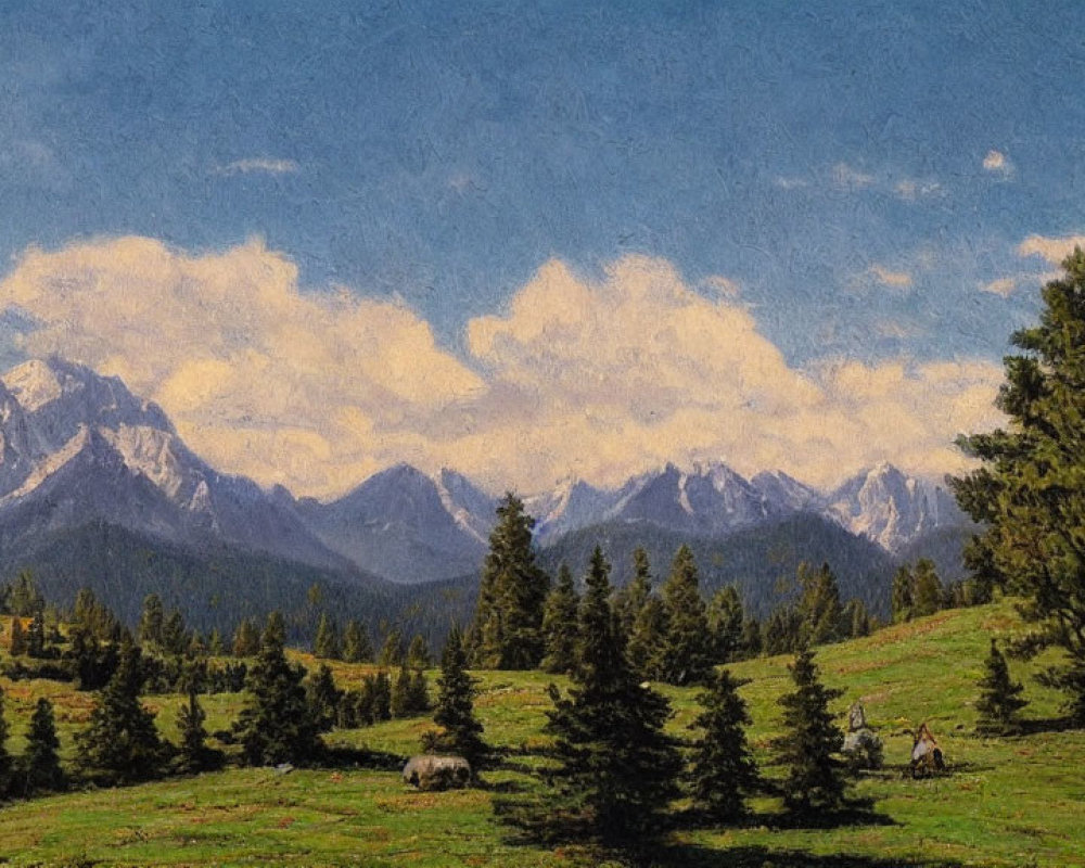 Tranquil meadow with evergreen trees and mountains under blue sky