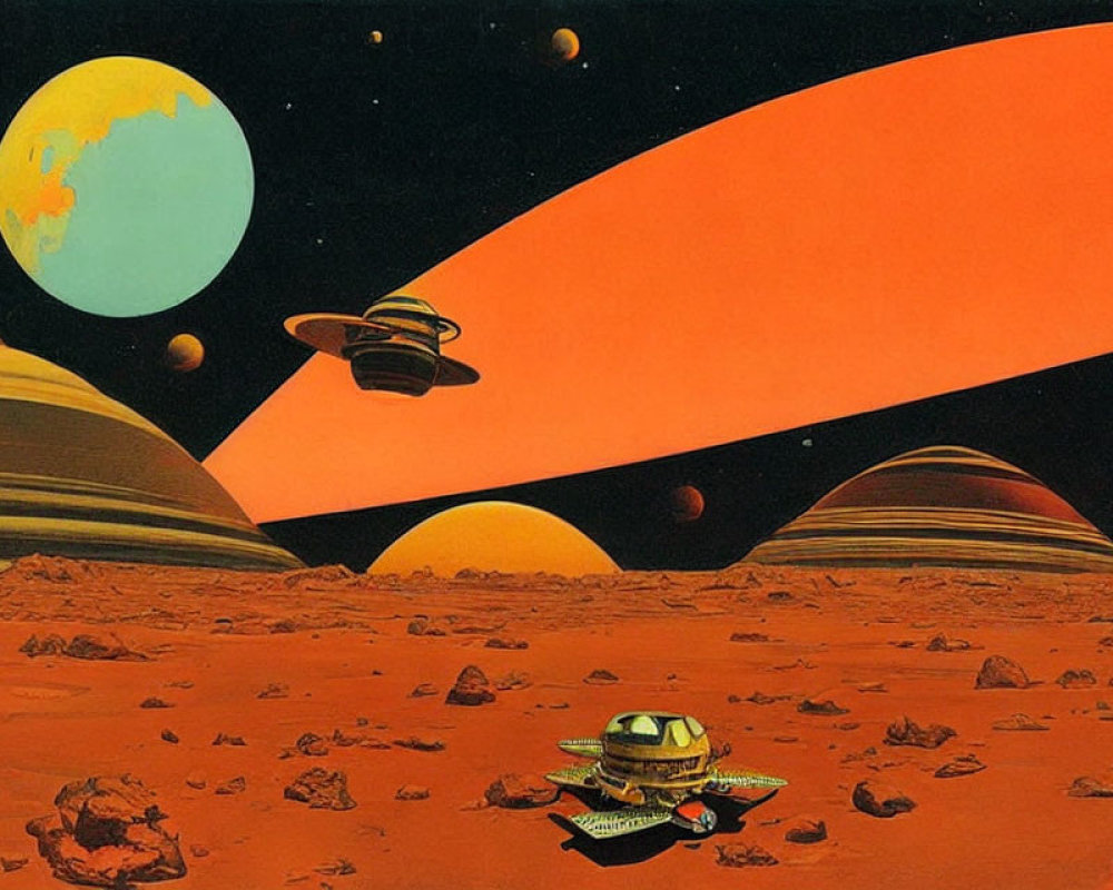 Retro-Futuristic Space Illustration of Alien Landscape