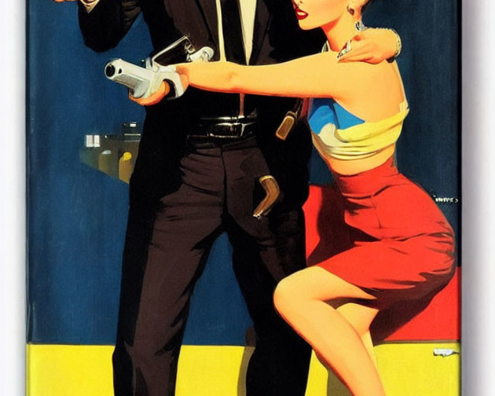 Vintage 1950s illustration of man and woman with guns on bold yellow background