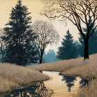 Tranquil woodland scene with trees and stream