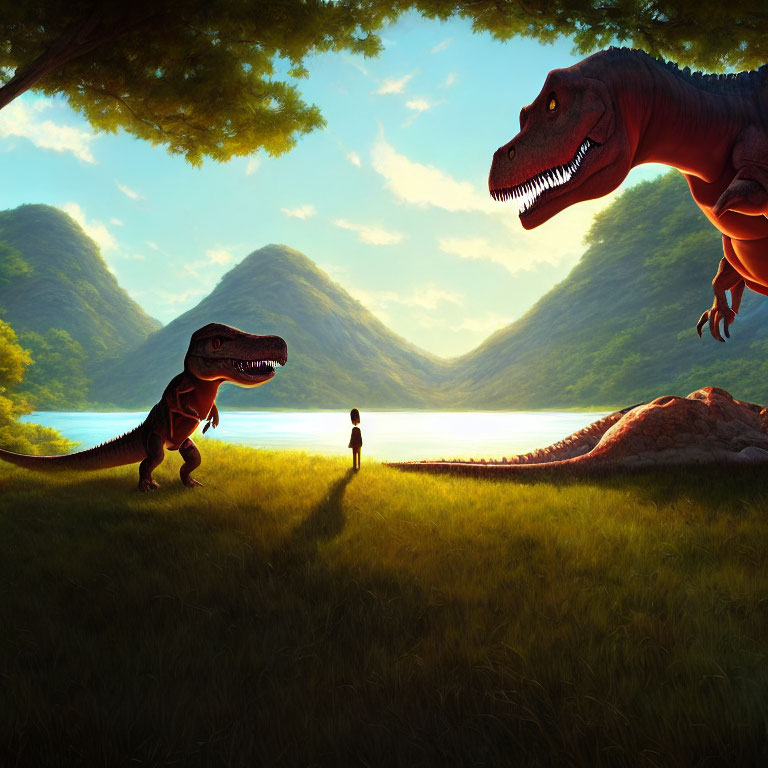 Person facing two large dinosaurs in serene lakeside landscape