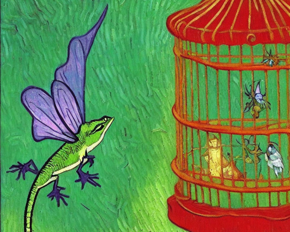 Green lizard with purple wings and fairies in a red birdcage on textured green background