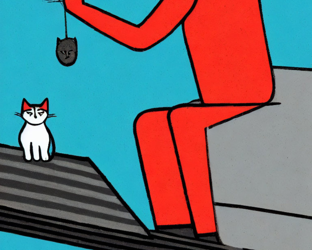 Stylized red figure with toy and white cat illustration