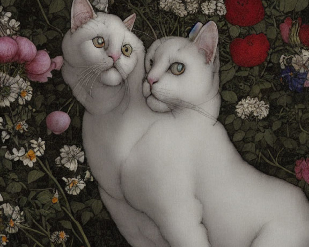 Two white cats with mismatched eyes in vibrant flower garden.