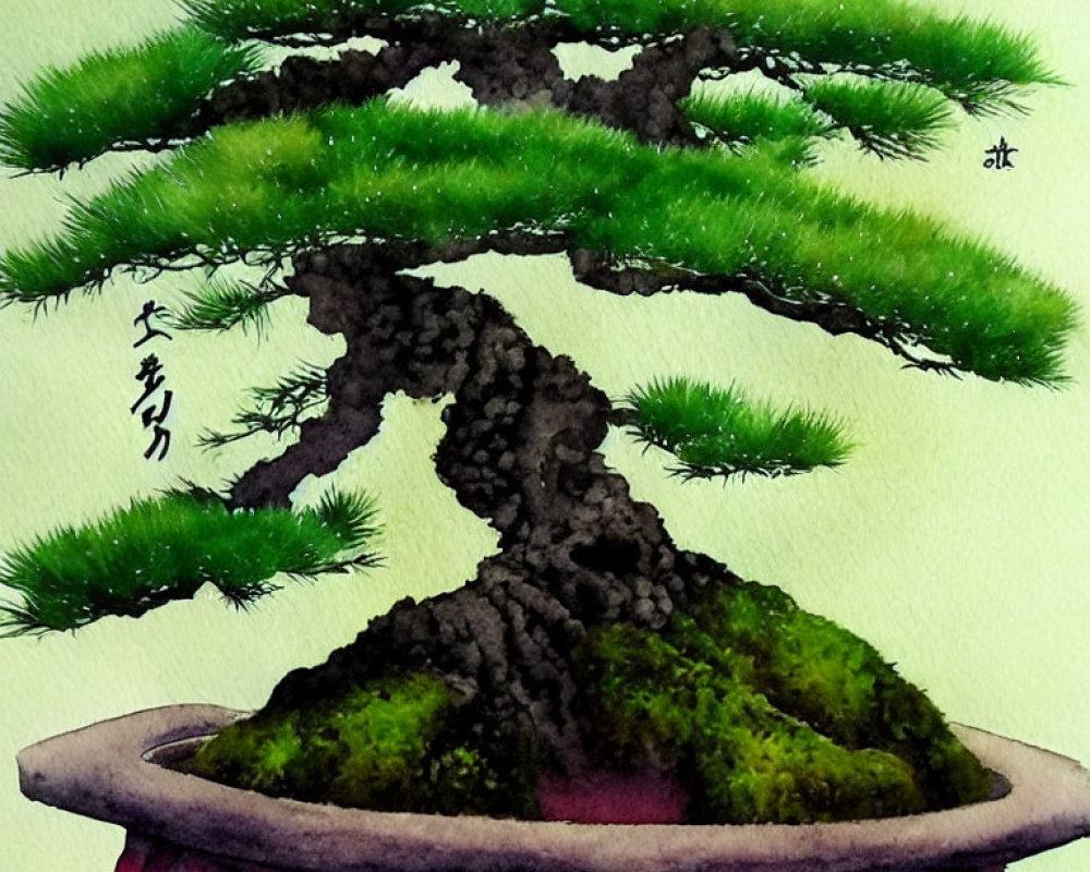 Colorful bonsai tree painting on white background with Asian characters