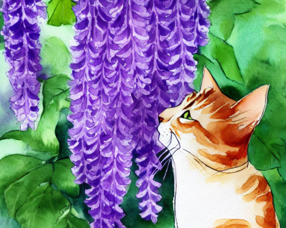 Watercolor illustration: Striped cat with purple wisteria flowers.