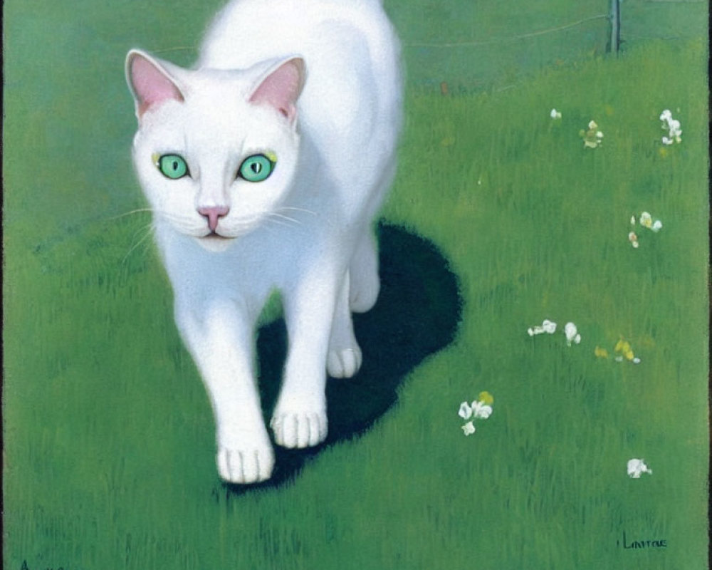White Cat with Green Eyes Walking on Grass with Flowers and Fence Backdrop