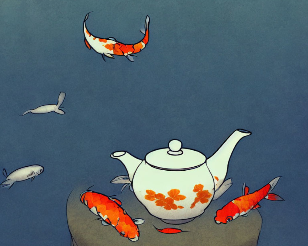 Stylized orange and white koi fish with teapot and floral designs on blue backdrop