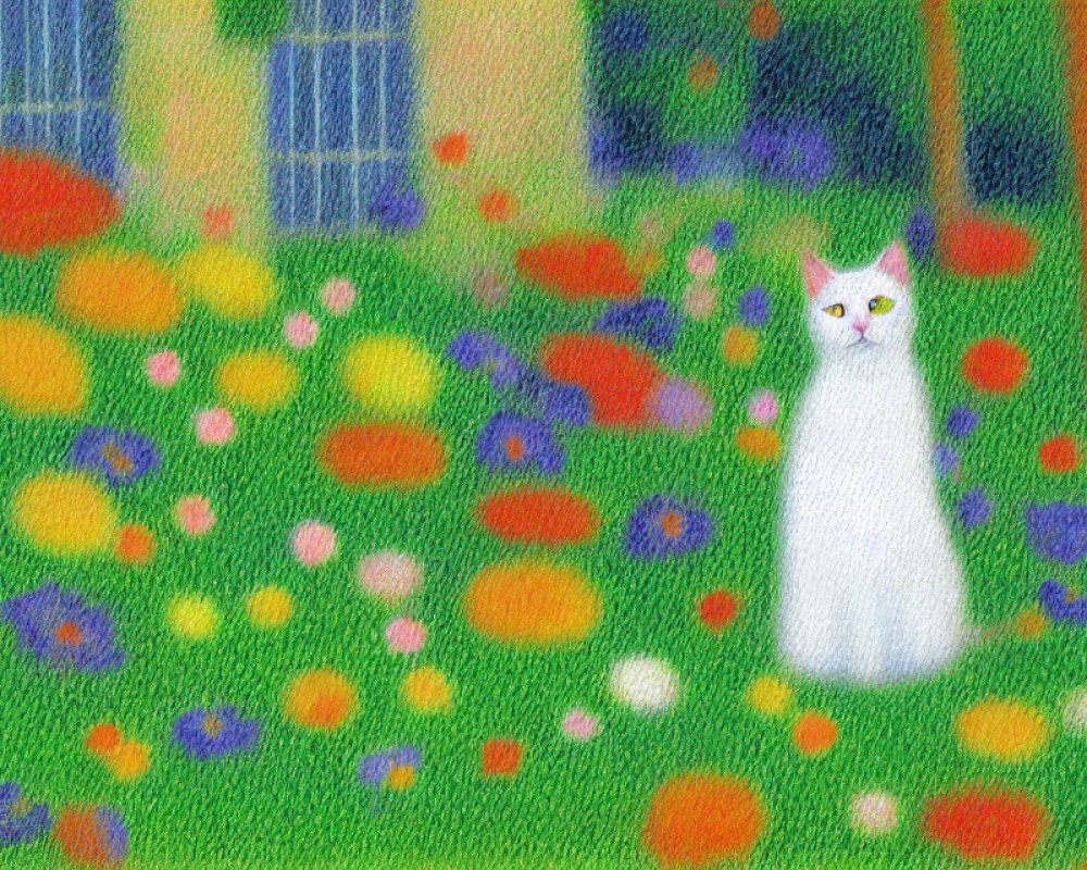 White Cat in Vibrant Impressionistic Garden with Colorful Flowers