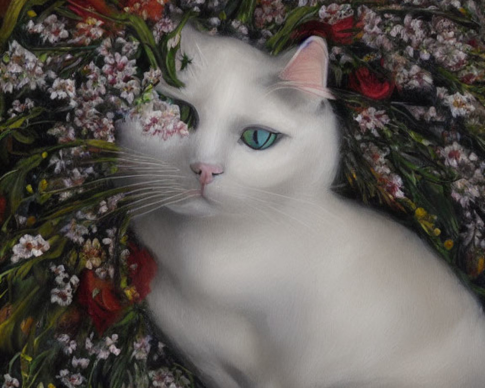 White Cat with Heterochromatic Eyes Resting Among Colorful Flowers