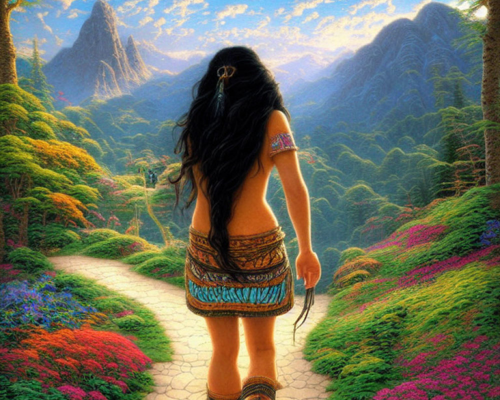 Woman in tribal attire walking through vibrant forest with mountains