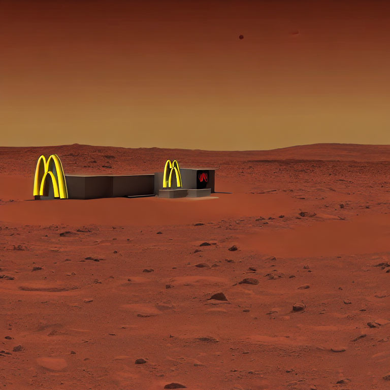 McDonald's restaurant with golden arches on red Martian landscape