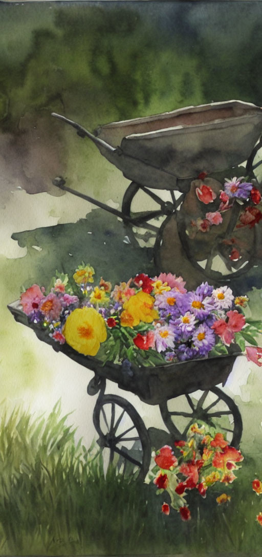Vibrant flower-filled wheelbarrow in lush garden scene