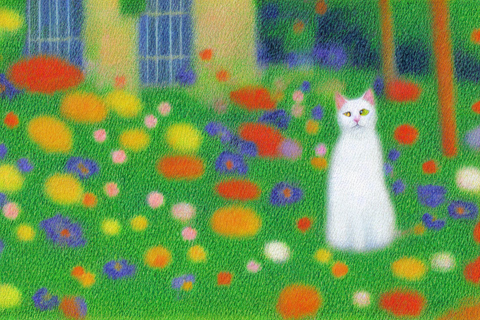 White Cat in Vibrant Impressionistic Garden with Colorful Flowers