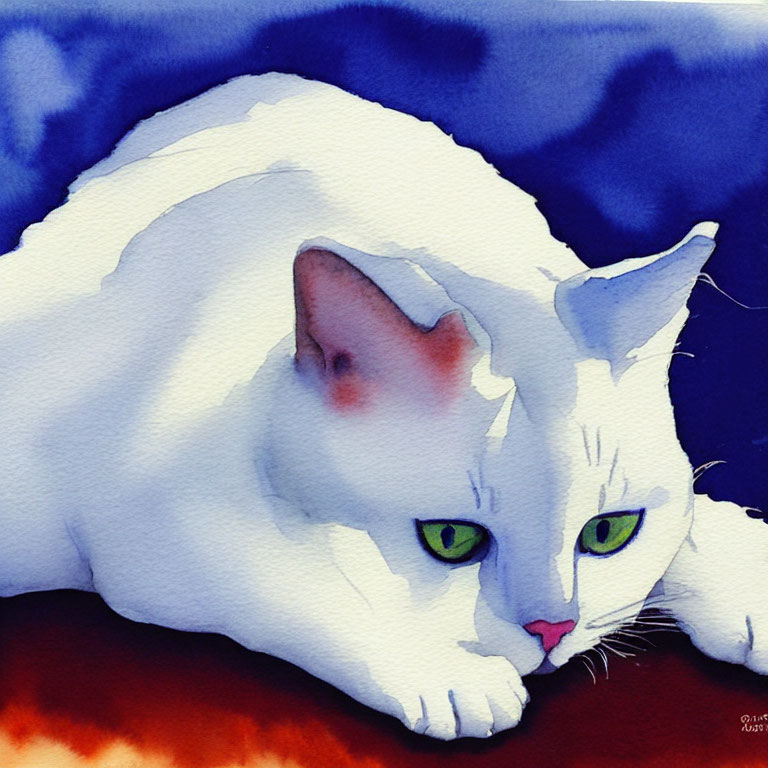White Cat with Green Eyes Watercolor Painting on Blue Background