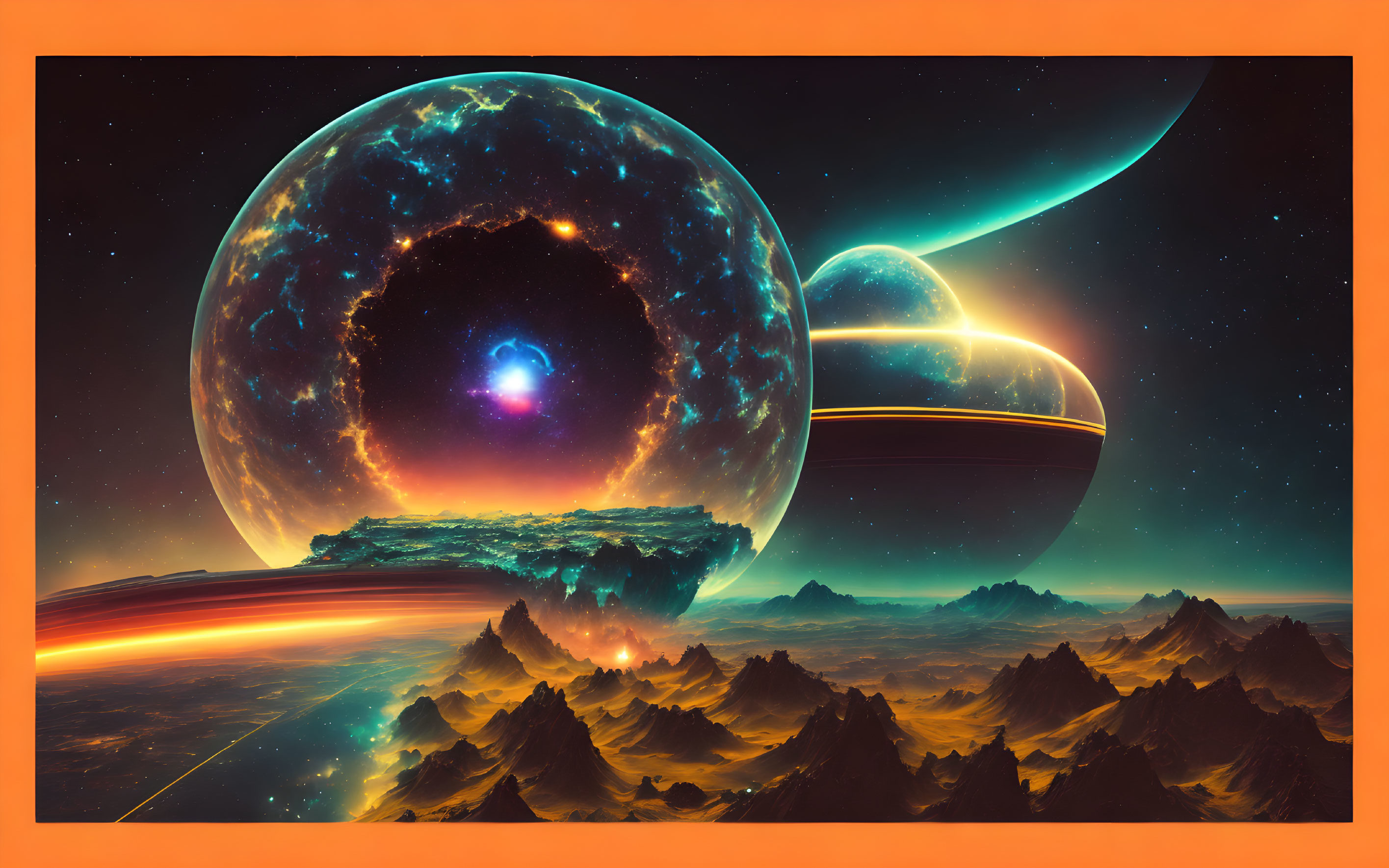 Floating mountains, giant planets, and colorful nebulas in surreal sci-fi landscape.