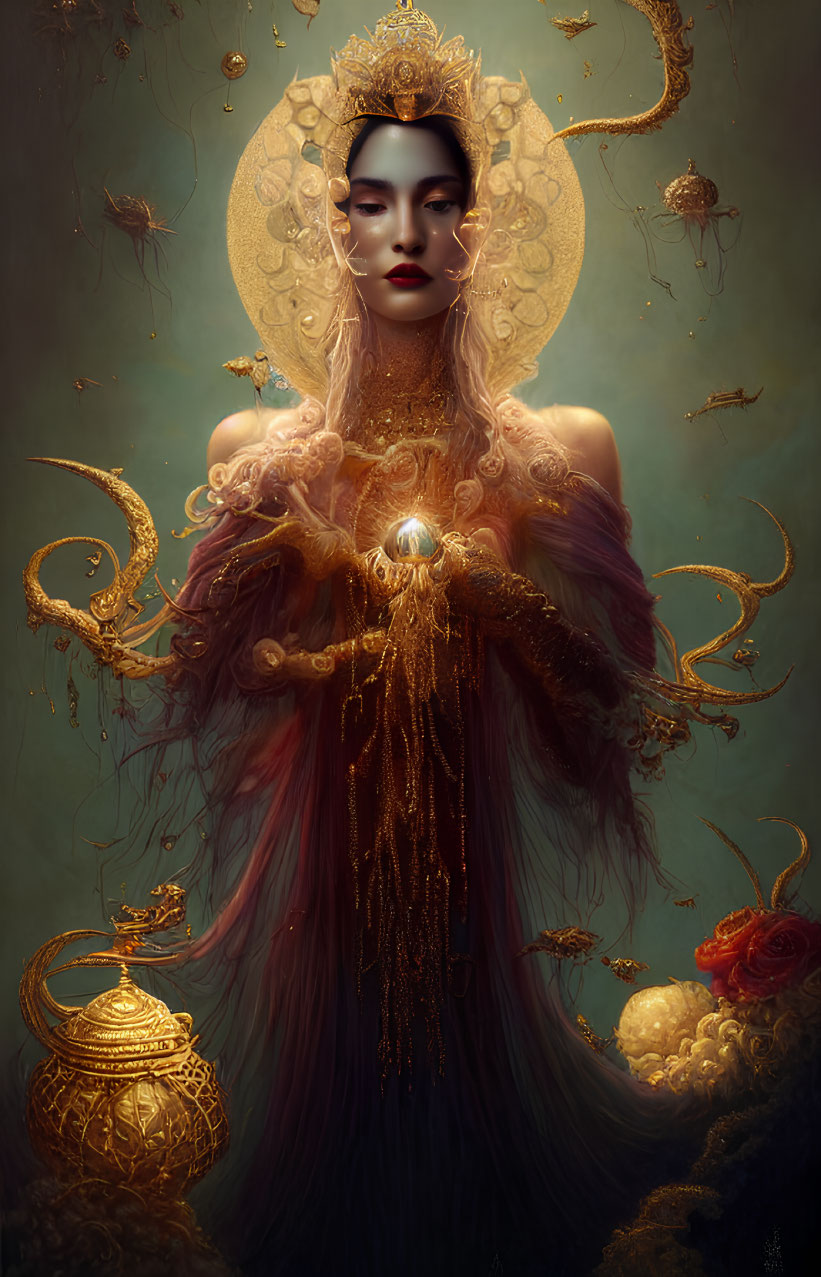 Golden headdress and glowing orb: Elegant figure in luxurious setting