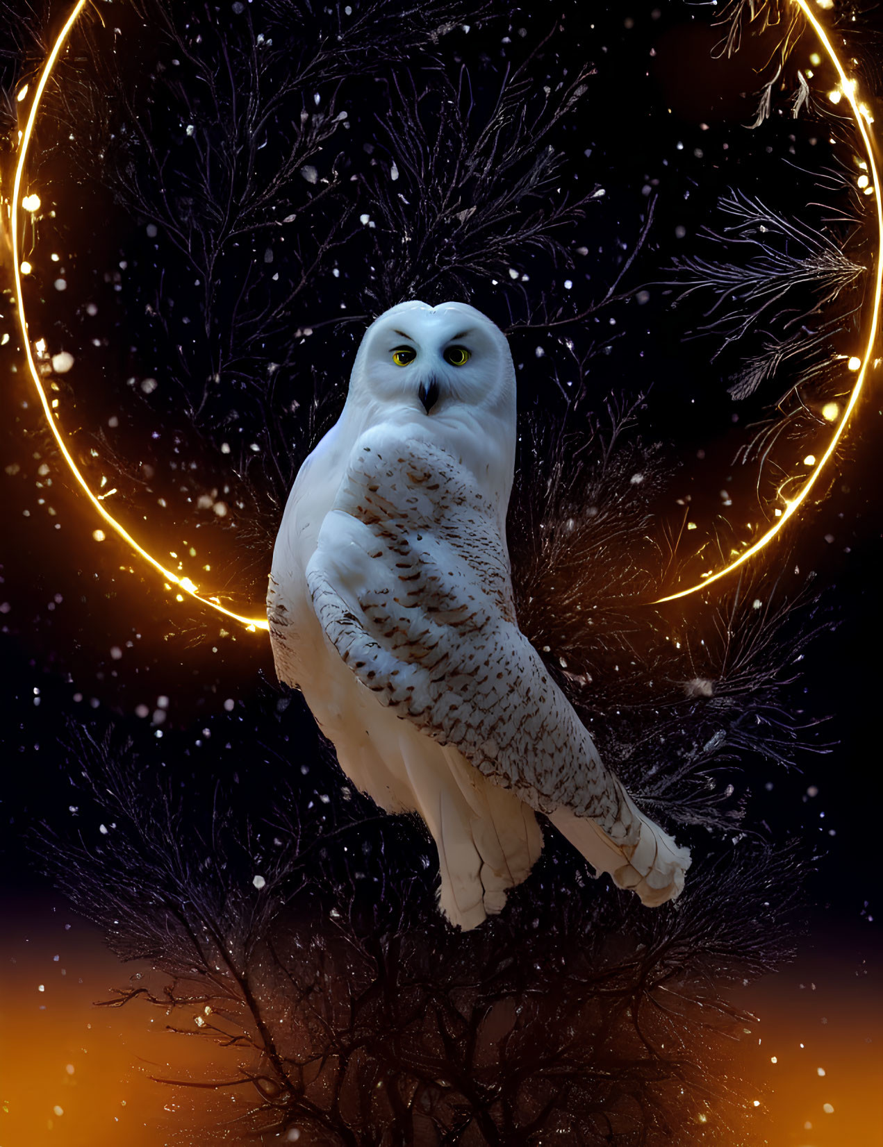 Snowy Owl Perched on Bare Tree Branch Under Crescent Moon