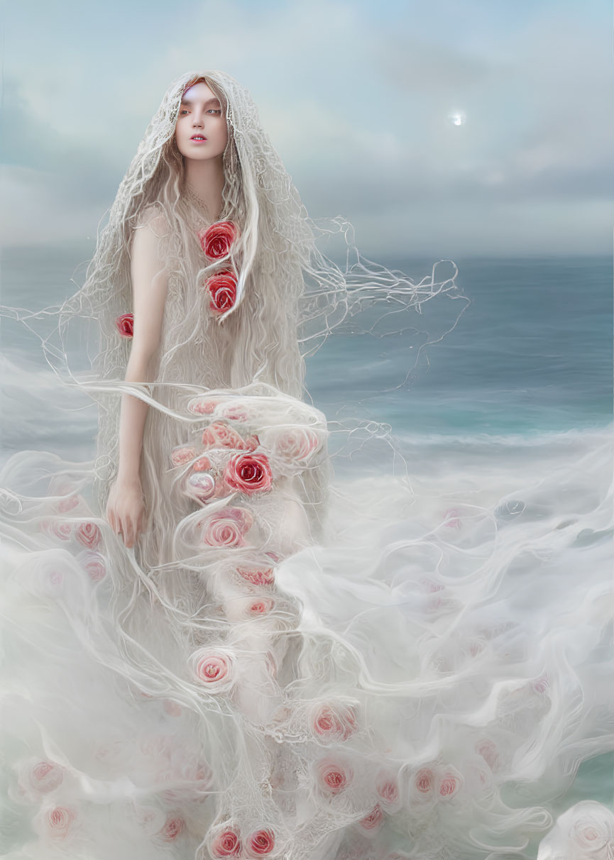 Surreal portrait of pale woman in white garment by the sea