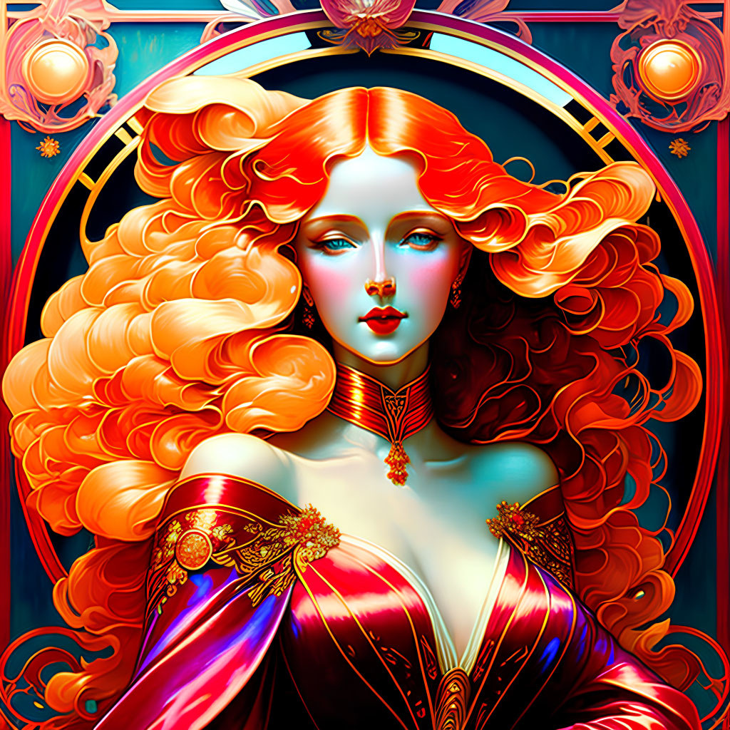 Digital portrait of woman with red hair, blue skin, in ornate Art Nouveau dress