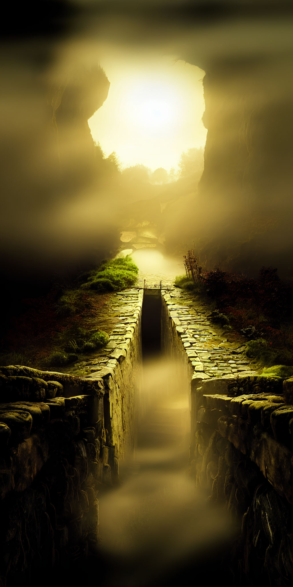 Mystical stone pathway in foggy landscape towards sunlit opening
