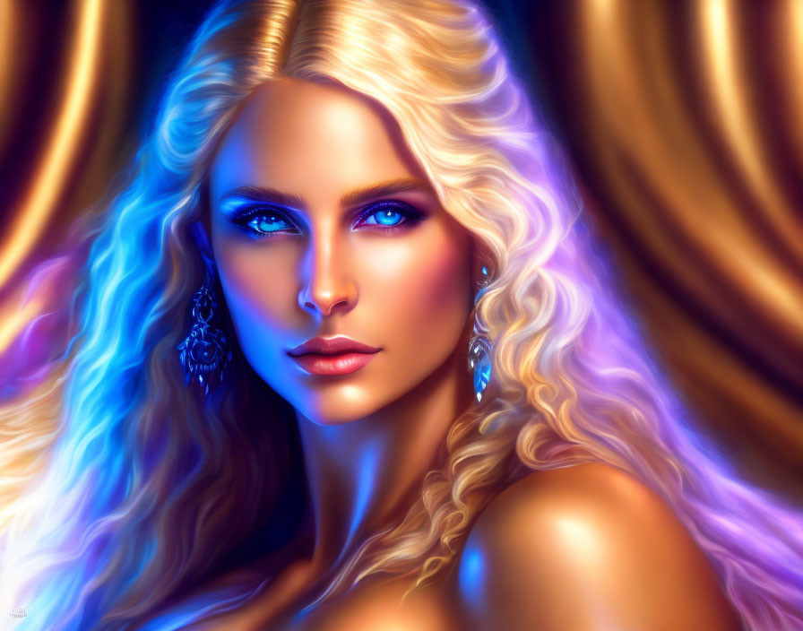 Digital Painting: Woman with Blue Eyes and Blond Hair on Golden Background